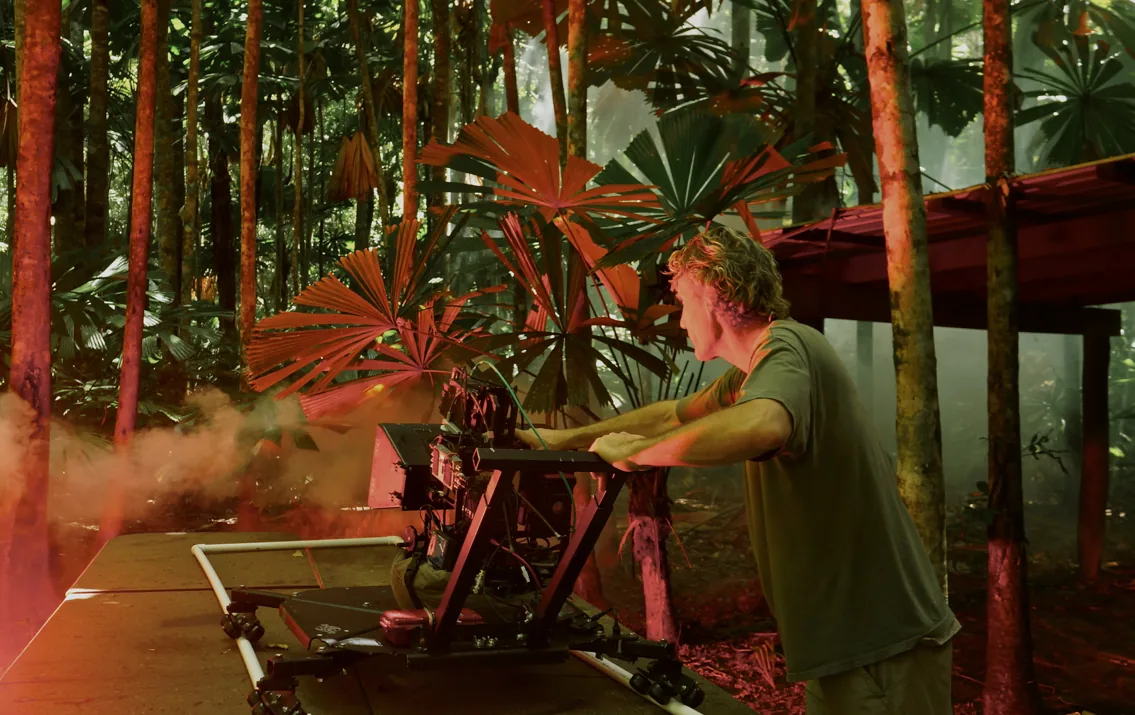 Kenneth Corben operating 3D rig on forest set